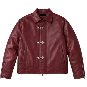 Chaqueta de Cuero Genuino Color Vino Tinto Borgoña Personalizada para Hombre, con Cierre Frontal de Hebilla Metálica y Cierre de Cremallera en los Puños, Estilo Casual - Product Image 1