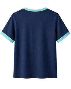 Conjunto de 2 Piezas para Mujer, Color Azul Marino, Camiseta de Manga Corta con Cuello Redondo y Ribete Azul Claro, Corte Holgado, Estilo Casual para Primavera/Verano - Product Image 2