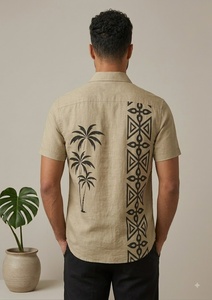 Men's Beige Short Sleeve Formal <b>Shirt</b> V-neck Horn Button Palm Tree Solid Back Design Summer Wear Breathable Anti-Wrinkle Satin - Product Image 1