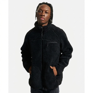 <b>Men's</b> Black <b>Fleece</b> <b>Jacket</b> Stand Collar Zipper Closure Windproof Warm Casual Winter Outerwear <b>Sherpa</b> Lining Pockets Regular Fit - Product Image 2