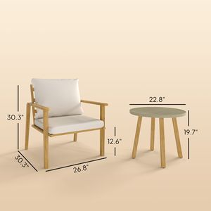 Set da Patio in Metallo Effetto Legno con Cuscini Bianco Crema, Set Bistrot da Esterno in 3 Pezzi con Sedie Larghe e Profonde - Product Image 3