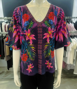 Chemisier Bohème Ample à Col en V et Manches Courtes Imprimé Floral pour Femme, en Polyester Tissé Respirant, Idéal Printemps-Été - Product Image 1