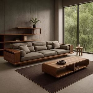 โซฟาไม้สักสไตล์มินิมอลพร้อมที่วางแขนโค้งมน – ดีไซน์ทันสมัยแบบเตี้ย - Product Image 1