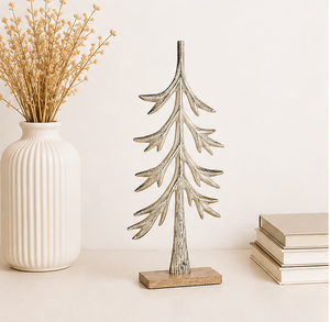Minimalist Metal Pine <b>Tree</b> Figurine With Hand-Etched Texture Rustic Silver Christmas Centerpiece For Festive Mantels And Winter - Product Image 2
