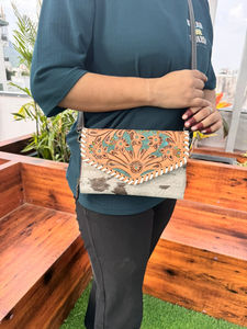 Cowhide Real Leather Tooled Carving Fur Fling Clutch Hand Leather Stylish Collection of Women Clutch Multi Uses Clutch - Product Image 4