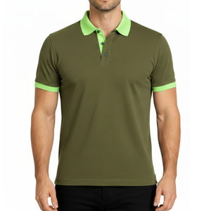 Polo homme personnalisé 100% coton, coupe ajustée, manches courtes, col contrastant vert néon, style décontracté d'été, très demandé, pour le golf - Product Image 1