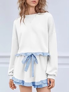 Sudadera Blanca Oversize de Punto Estampada para Mujer con Dobladillo con Volantes Azules, Cuello Redondo, Manga Larga, Estilo Casual Transpirable para Invierno - Product Image 4
