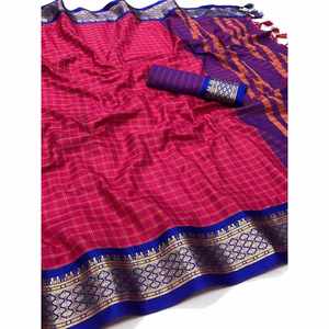 ATRACTIVO ALGODÓN SEDA AMPLIO CONTRASTE JACQUARD TRABAJO BORDE SAREE CON BLUSA DESCOSTADA RANI - Product Image 1