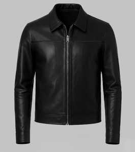Men's <b>Black</b> Genuine Leather Moto <b>Jacket</b> Turn-down Collar Zipper Closure Regular Fit Autumn Casual - Product Image 3