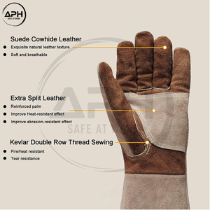 Guantes de soldadura TIG Wing Thumb de cuero, bicolor marrón tostado, de piel de vaca serraje, resistentes al calor, tipo guanteleta larga para trabajo. - Product Image 5