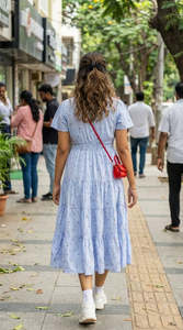 Robe midi imprimée bleu clair avec col, manches courtes, coupe trapèze, taille élastique, style décontracté d'été, tissu tissé - Product Image 5
