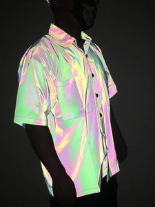 Men's Rainbow Holographic Short Sleeve <b>TShirt</b> Oversized Fit Street Style Foil Print Woven <b>Polyester</b> Casual Wear - Product Image 5