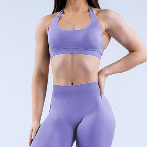 Ensemble de yoga uni pour femme, legging taille haute et crop top, sans couture, en Spandex et Polyester, 2 pièces, tenue de sport, col licou, fitness - Product Image 2