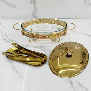 Luxury Round Stainless Steel Chafing Dish <b>Buffet</b> Food Warmer Gold Finish Ornate Pillar Stand Glass Lid Wedding Catering <b>Server</b> - Product Image 2