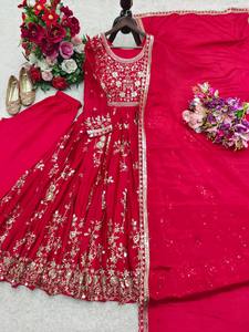 Traje Anarkali Rojo Bordado Hasta el Suelo con Dupatta, Vestido de Boda Tradicional Indio Pakistaní para Mujer - Product Image 5