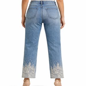 Jeans de mezclilla cortos de color azul claro para mujer, con dobladillo de encaje, corte recto, pantalones de moda, tela transpirable, estilo elegante, pantalones de mezclilla para mujer - Product Image 3