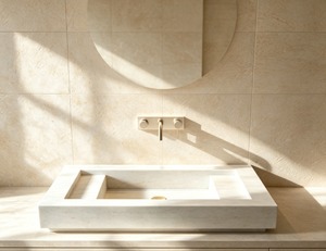Lavabo Rectangular Moderno de Mármol para Baño, Montado en la Pared, con Acabado Pulido y Grifo con Detalles en Dorado - Product Image 1