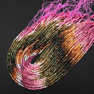 Perles rondes de tourmaline naturelle multicolore facettées, extra translucides, dégradé rose, vert, jaune doré, en fil. - Product Image 4