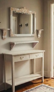 French country <b>white</b> carved <b>mirror</b> and 3 shelves, gold highlight rococo wall decor - Product Image 2