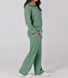 Wholesale Women's Two Piece Casual Quarter Zipper Sweatshirt & Wide Leg Sweatpants <b>Tracksuit</b> Set Loose Outfit With Custom Logo - Product Image 5