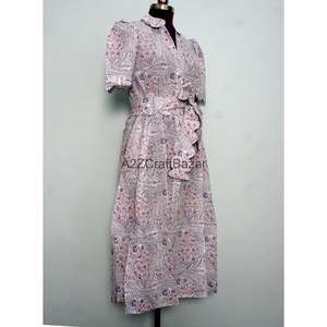 Vestidos Midi Vintage para Mujer, Corte en A, Cuello en V, Cinturón, Manga Corta, 100% Algodón, Estampado Floral Étnico, Transpirable, Cómodo, para Verano - Product Image 5