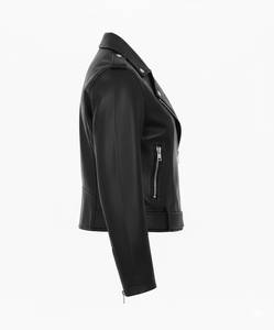 Chaqueta de cuero negra para mujer al por mayor, estilo motero, ajustada, con cremallera, solapa y cinturón, abrigo personalizado con logo para primavera y otoño - Product Image 3