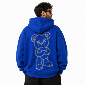 Sweat à capuche zippé personnalisé bleu avec strass pour hommes et femmes, style streetwear oversize, imprimé lettres en cristal, vente en gros - Product Image 4