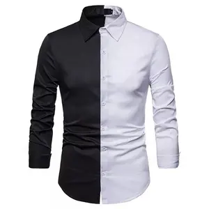 Streetwear manches longues Fitness fendu bicolore blocs de couleurs Logo personnalisé coton demi-noir demi-blanc chemise pour hommes