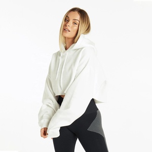 Custom Embroidered Oversized <b>White</b> Hooded Crop Sweatshirt Full Sleeve Drop Shoulder Solid Cotton Knitted Women's Autumn Hoodie - Product Image 3