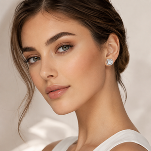 Boucles d'oreilles clous de luxe géométriques en argent plaqué Tai, serties de moissanite étincelante taille brillant avec halo, pour femme, style mariage - Product Image 6