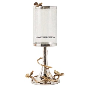 Gingko Butterfly Modern Glass & Metal Candle Holder Hammered Design Shiny Polished <b>Silver</b> Color With Glass Made Candle Holder - Product Image 1