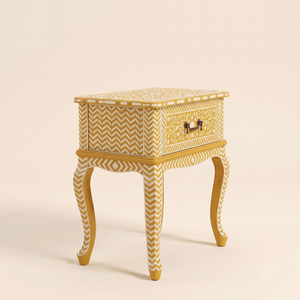 Mesita de Noche de Madera Artesanal Ecológica con Incrustaciones Florales Amarillas Modernas de Lujo, con 1 Cajón - Product Image 3