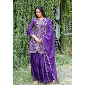 Conjunto de Traje Sharara de Fiesta para Mujer, Diseño Otoñal, 100% Poliéster, Estampado Floral, Decoración con Lentejuelas, Bordado con Lentejuelas - Product Image 2