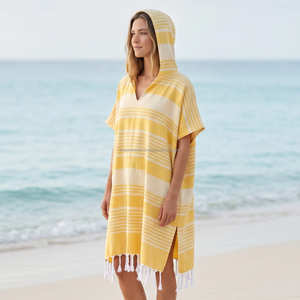 Poncho de plage à capuche rayé jaune, serviette paréo portable avec franges, poncho indien tissé à la main pour la plage, pour adulte - Product Image 3