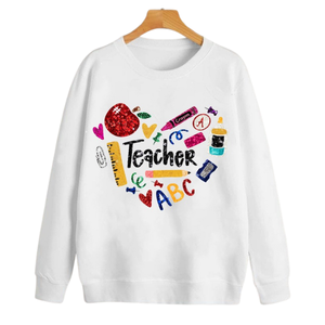 Sweat-shirt décontracté à col rond pour femme, coupe ample, respirant, avec patchs patchwork et sequins brodés, idéal pour la rentrée scolaire - Product Image 5