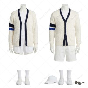 Cardigan en tricot torsadé personnalisé pour arbitre, col en V, style vintage crème, universitaire, pour équipes sportives, avec rayures sur les manches - Product Image 4