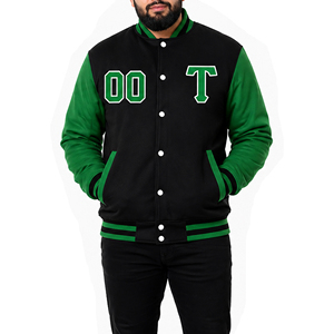 Blouson universitaire homme noir et vert, personnalisable avec logo, en tissu respirant, coupe ample, idéal pour l'extérieur – Vente chaude OEM - Product Image 1