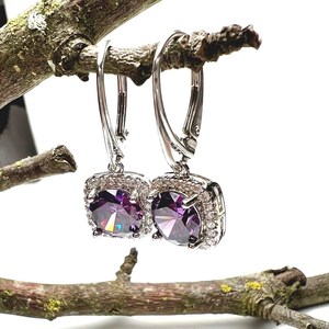 Amethyst <b>Earrings</b> Sterling Silver 925 Hinged Design Platinum Plated Peace Shape Trendy NG-033 Model February Birthstone Handmade - Product Image 3