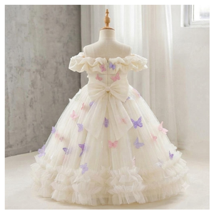 TutuPetti Wholesale Ivory Off-Shoulder 3D Butterfly Tulle Ball Gown <b>Long</b> Flower <b>Girl</b> <b>Dress</b> OEM High Quality From Vietnam - Product Image 4