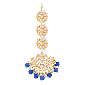 Ethnic Style Alloy Maangtikka With <b>Blue</b> <b>Beads</b> And Pearl Chain Handmade For Wedding Bridal Occasion - Product Image 2
