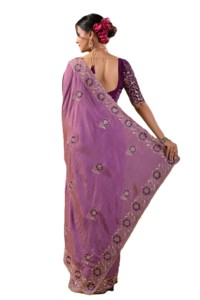Sari en soie de mousseline violette avec motif floral brodé, sari indien traditionnel pour mariage, pour femmes, longueur standard, toutes saisons - Product Image 3