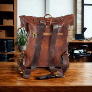 Luxury Genuine Leather <b>Roll</b> Top <b>Backpack</b> Stylish Bag 17 Inch Laptop Sleeve Large Travel Pack LRTB-0106 - Product Image 2