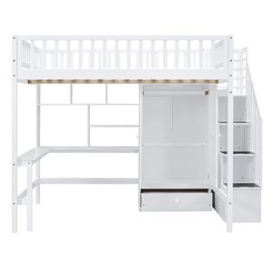 Letto a soppalco bianco full-size con libreria, cassetti, scrivania e armadio - Set di mobili per bambini - Product Image 5