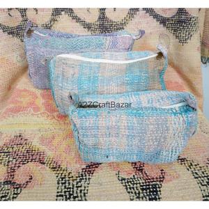 Custom Made Durable Casual Handmade Quilted Tassel Zipper Kantha Pouch Set Artisan Cotton Travel Cosmetic Organizer Mixed Colors - Product Image 3