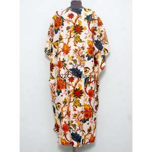Vestido Kaftan Ecológico Paradise 100% Algodón, Impresión a Mano, Largo hasta el Suelo, Ropa de Resort, Natural - Product Image 5