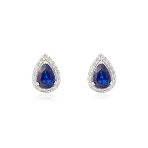 Boucles d'oreilles clous halo en or blanc 18 carats véritable, saphir bleu et diamant, forme poire, bijoux minimalistes simples, fournisseur de bijoux haut de gamme les plus vendus - Product Image 1