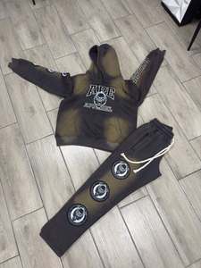 Hot Selling Custom Sweat <b>Suit</b> <b>Women</b> Distressed Baggy Jogging Sweatsuit Flare Sweatpants and Hoodie Set Stacked Tracksuit <b>for</b> Men - Product Image 2