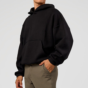 Sudadera con Capucha Negra Oversize para Hombre, Manga Regular, Forro Polar, Casual, Otoño, Color Sólido, Diseño con Bolsillos, Tejido de Punto - Product Image 3