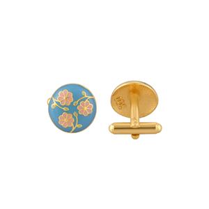 Mancuernillas Redondas de Lujo con Baño de Oro y Esmalte Azul y Rosa para Hombre, Accesorios Florales para Camisa Formal, Regalo de Boda o Negocios, Diseño Exclusivo - Product Image 3