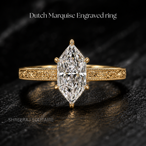Bague de fiançailles de luxe personnalisée en diamant taille marquise hollandaise de 3 carats, gravée vintage, avec anneau épais et 6 griffes - Product Image 1
